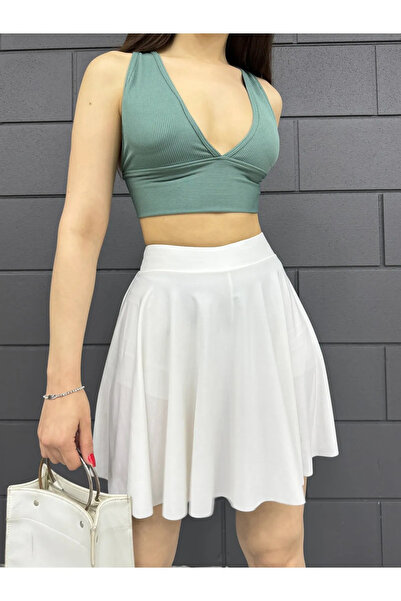 CNRCollection Fustă scurtă cu volan model alb evazat - flexibilă, talie elastică, țesătură nisipoasă