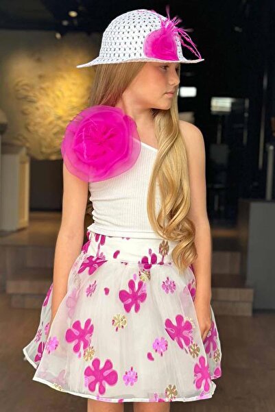 Riccotarz Girl - Rose Detailed Single Shoulder Blouse and Fuchsia Jacquard Skirt Set