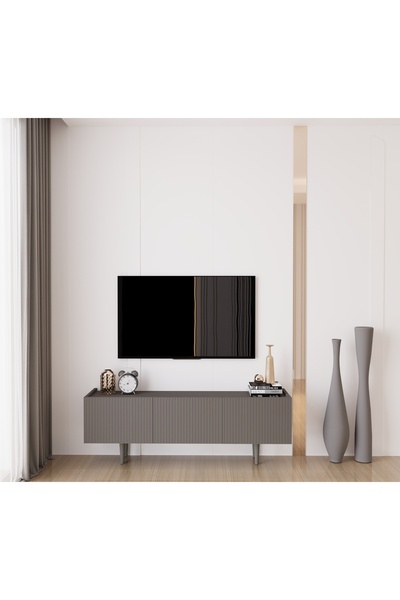 enwood Capella Gri Mdf Country 3 Kapaklı Ahşap Ayaklı 140 Cm Tv Ünitesi