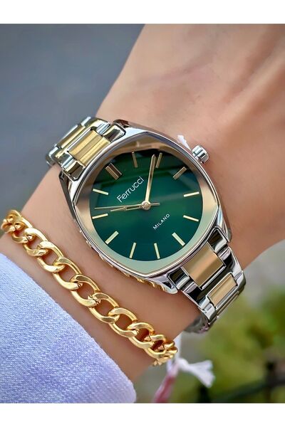 Ferrucci Gümüş Altın Kadranı Yeşil Çelik Kordon Su Geçirmez Garantili Kol Saa...