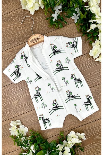 PATSAN Zebra Patterned 100% Cotton Summer Baby Onesie - Short Sleeve and Zipper