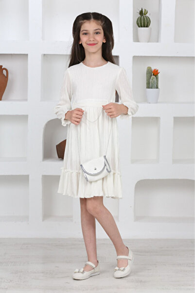 Asortix Kız Çocuk Örme Saten Çanta Detaylı Pliseli  Astarlı Elbise