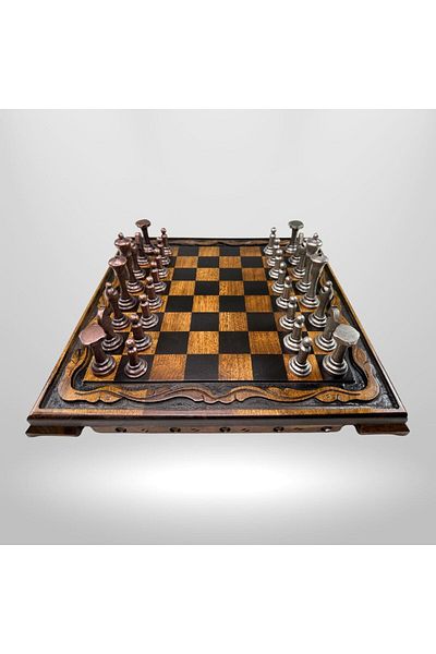 Metalicraft MC01 Metal Chess Set - Natural Wooden Walnut Board - Handmade Antique Metal Stones