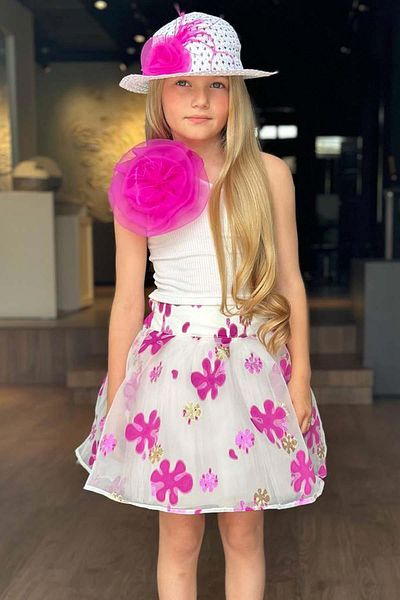 Riccotarz Fată - Set de bluză cu un singur umăr și fuste fucsia jacquard cu detalii trandafiri