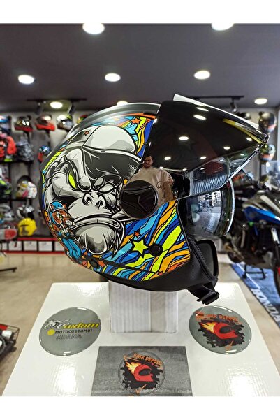 Sway SW765 Mat Black Yellow Blue Kong Açık Yazlık Kask (GÜNEŞ GÖZLÜKLÜ)