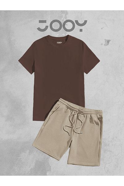 Jooy Company Σετ μπλουζάκι μπεζ Oversize και χτενισμένο βαμβακερό σορτς - Καφέ