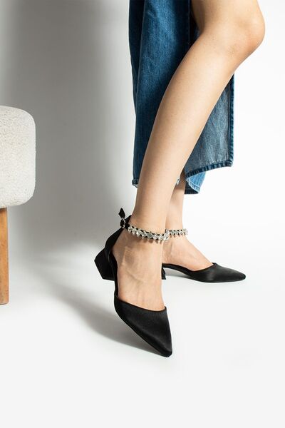 ENES Kadın Kısa Topuklu Saten Siyah Abiye Ayakkabı