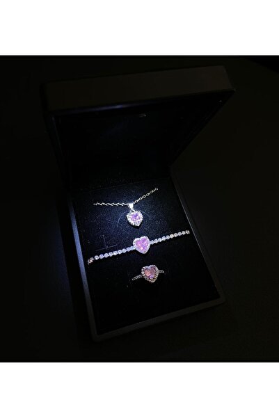 DMR Accessoire Işıklı kutuda çelik kolye bileklik yüzük 3 set hediyelik set sevgililer günü hediyesi