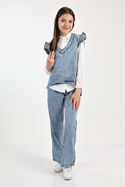 Jannock Σετ τζιν βαμβακερό τζιν - Παντελόνι, πουκάμισο και γιλέκο για κορίτσια