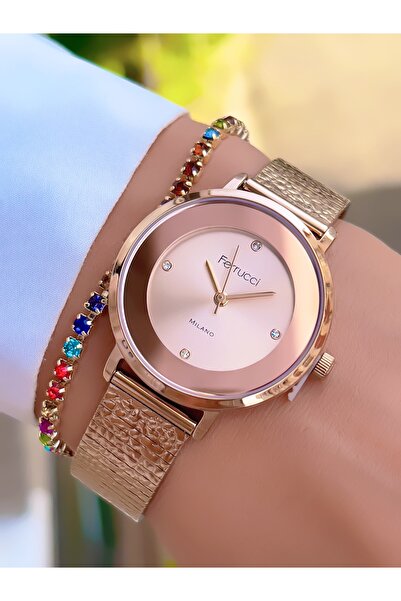 Ferrucci ساعة يد نسائية وسوار هدية - حبل شبكي من الفولاذ