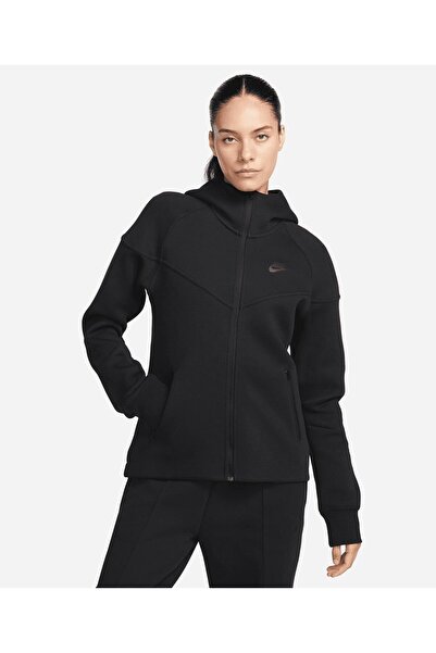 Nike Tech Fleece Windrunner Siyah Kadın Fermuarlı Kapüşonlu Üst