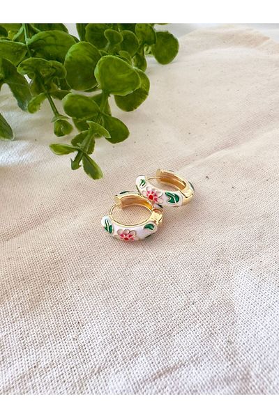 Atelier Çağla Hoop Earrings - White Floral Pattern