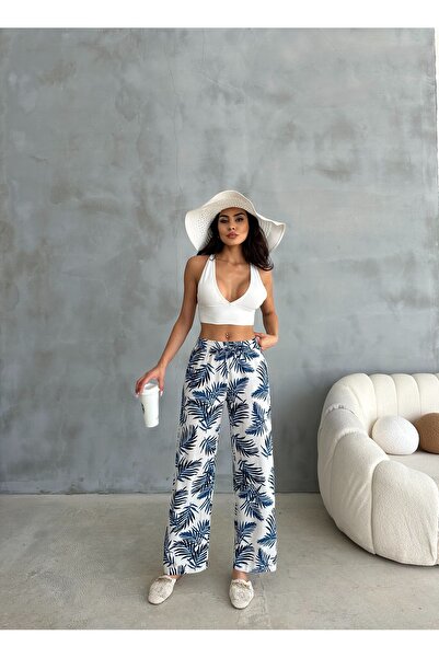 Ozy Fashion Καλοκαιρινό λινό παντελόνι με ψηλή μέση και τσέπες - Λεπτό μοτίβο φύλλων, μπλε-μπεζ