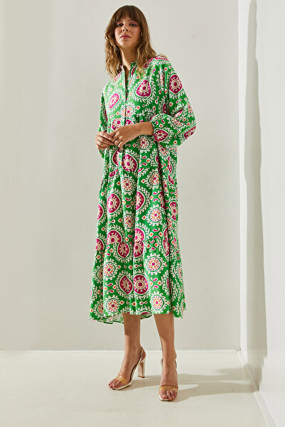 Bianco Lucci Ethnic Patterned Women's Dress - Elastic Sleeve and Button Detail, Model 375460251402