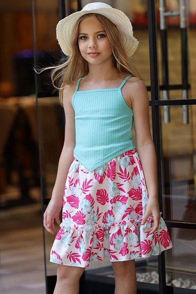 Riccotarz Crop top fucsia și set fuste imprimate digital pentru fete