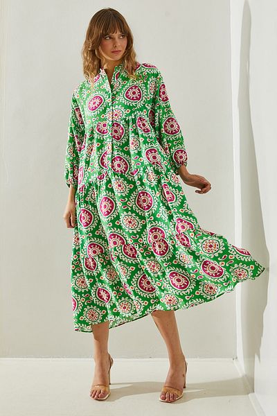 Bianco Lucci Ethnic Patterned Women's Dress - Elastic Sleeve and Button Detail, Model 375460251402