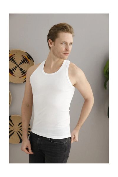 Pi Giyim 6-Piece Men's White Rib Sportsman (Rambo) Undershirt 100% Cotton