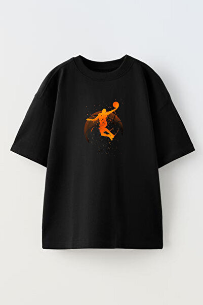 NMG TEKSTİL تي شيرت أسود كبير الحجم من القطن - مطبوع عليه كرة السلة للجنسين