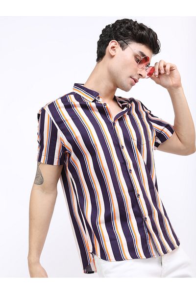 Highlander By Styli Striped Chest Pocket Detail Shirt with Short Sleeves