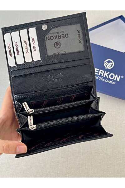 DERKON Mendy Model Useful Genuine Leather Medium Size Women's Wallet Black Color