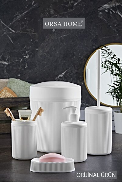 ORSA HOME 257 Çizgi Desen Beyaz 5'li Banyo Seti