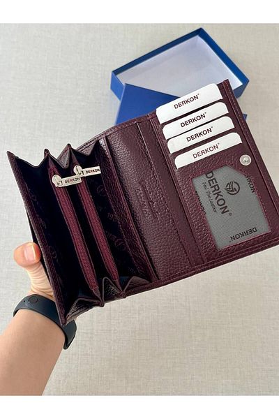 DERKON Mendy Model Useful Genuine Leather Medium Size Women's Wallet Claret Red Color