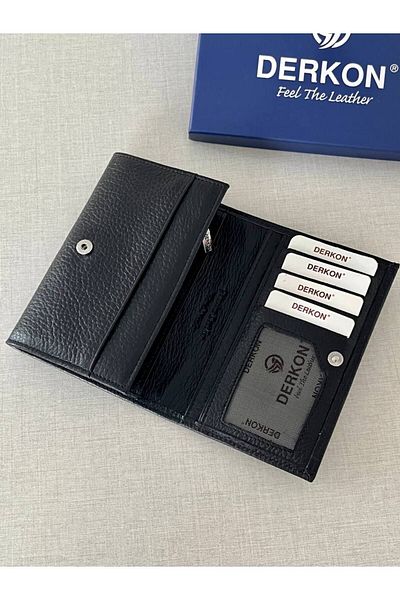 DERKON Mendy Model Useful Genuine Leather Medium Size Women's Wallet Black Color