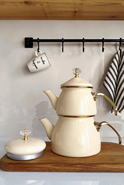 PORLİSMA Amara Çift Kapak Emaye Çaydanlık Takımı, Desenli Emaye Çaydanlık Seti