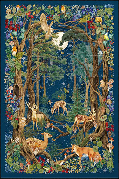 Rugs Modern Halı Mavi Geoemtrik ve Botanik Hayvanlı Desenli Dekoratif Yıkanab...