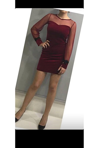 Antalya Şans Butik Kadın Abiye Elbise Likralı Kadife Bordo Tül Kol Manşeti Dantel Düğme Detaylı