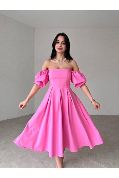 Afiş Butik Kare Yaka Pileli Midi Boy Elbise
