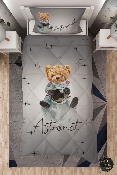 Talia Home Cute Astronaut Bear Patterned Single Children's Quilt Sleeping Set