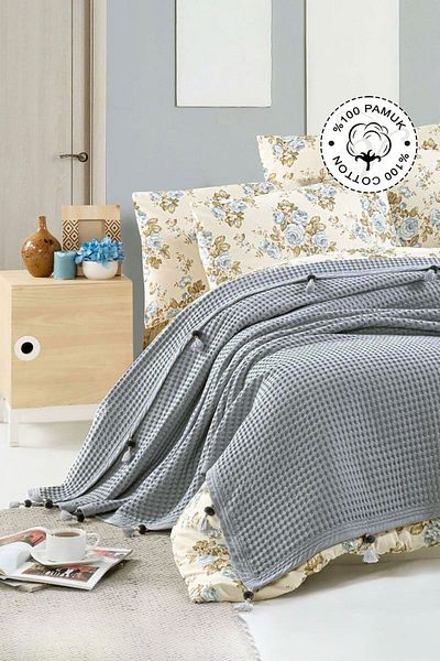 Vionel Home Πικέ διπλό κάλυμμα κρεβατιού 100% βαμβακερό, γκρι πικέ με μοτίβο βάφλα με πομπόν