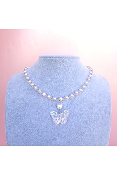 LE&DA Accessory Mor Kristal Taşlı İncili Kelebek Uçlu Fairycore Kolye