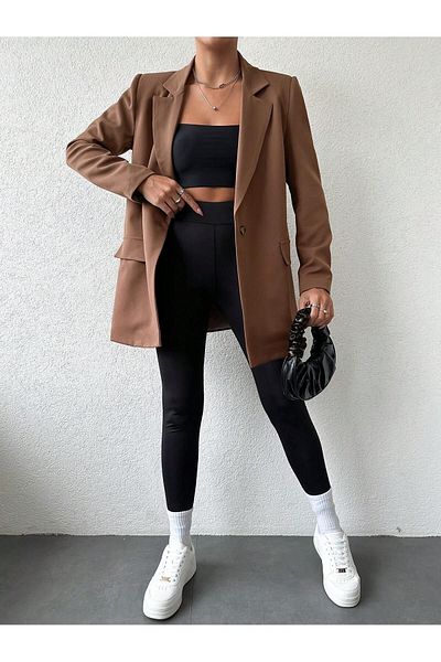 Smart Moda Тъкано кафяво овърсайз дамско яке с подплата