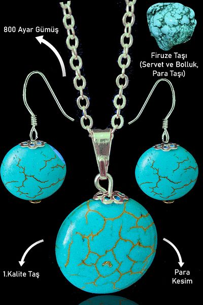 Tesbih Atölyesi Turquoise Stone Certified Necklace and Earring Set - Turquoise Stone