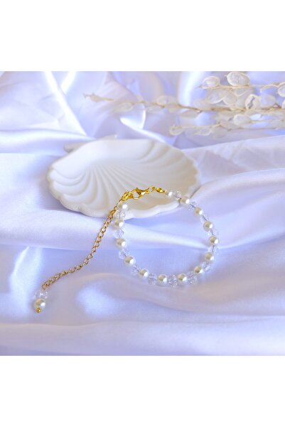 Kristal Taşlı Çelik Zincir Eklentili İnci Bileklik