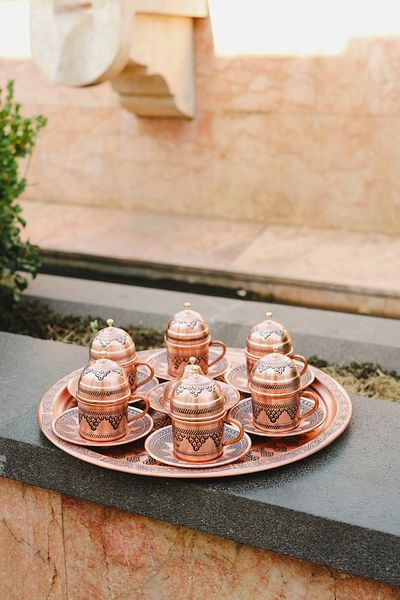 GABAALTI Gaziantep 6-Person Copper Grape Cup Set - Heavy Embroidered Turkish Coffee
