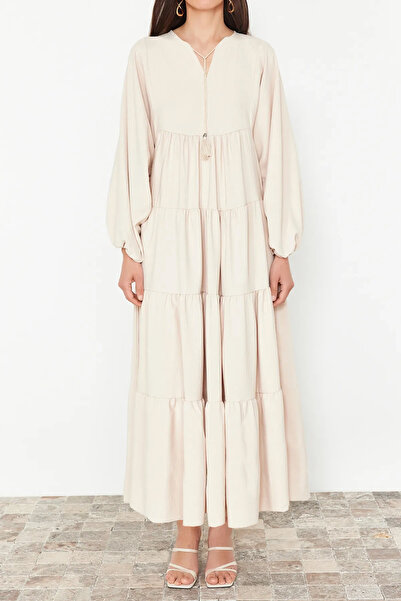 Trendyol Modest Φόρεμα με μπεζ φούντα Λεπτομερές Υφαντό Φόρεμα TCTSS24EB00260