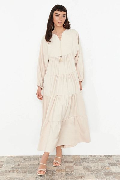 Trendyol Modest Φόρεμα με μπεζ φούντα Λεπτομερές Υφαντό Φόρεμα TCTSS24EB00260
