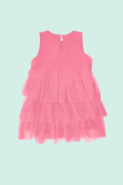 TRENDYOLKIDS Dívčí růžové tylové pletené šaty - detail volánku TKDSS24EL00005