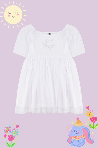 TRENDYOLKIDS Rochie albă tricotată pentru fetiță - Detaliu din tul, Petrecere/Nuntă/Ziua de naștere, TKDSS24EL00004