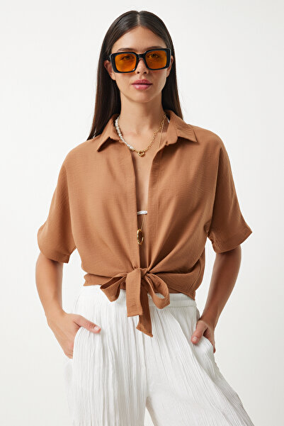 Happiness İstanbul Λινό Μπλούζα Camel - Λεπτομέρεια με κορδόνια, MX00151