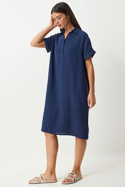 Happiness İstanbul Navy Blue Polo Collar Muslin Loose Summer Dress - TO00135