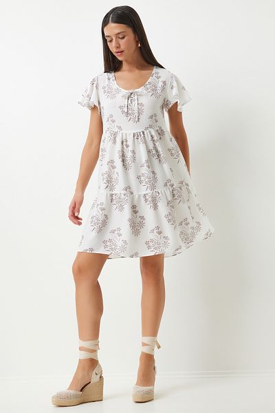 Happiness İstanbul Weiß-braunes Sommerkleid aus Viskose mit Blumenmuster - DD01330