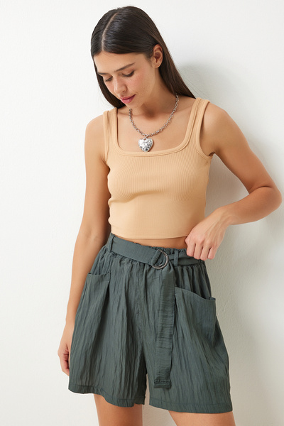 Happiness İstanbul Dámské khaki šortky s páskem do města - RC00154