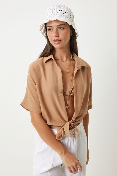 Happiness İstanbul Leinenbluse für Damen – Bindedetail, Keks MX00151