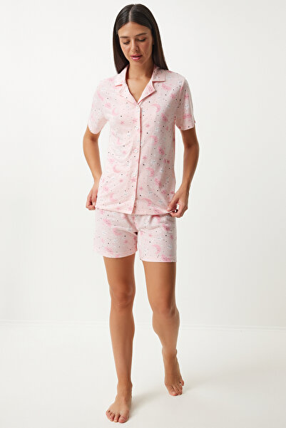 Happiness İstanbul Világos rózsaszín viszkóz női rövidnadrág ing pizsama szett - EC00044