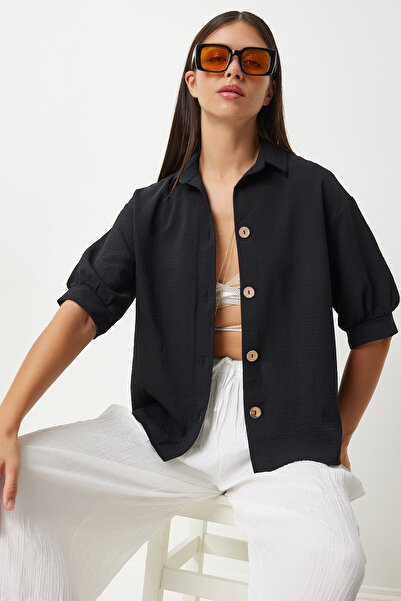 Happiness İstanbul Fekete vászon Ayrobin ing - léggömb ujjú, női, DD01321