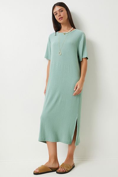Happiness İstanbul Grünes Strickkleid für Damen - Lockere Passform, Lässig, Lang Dz00076